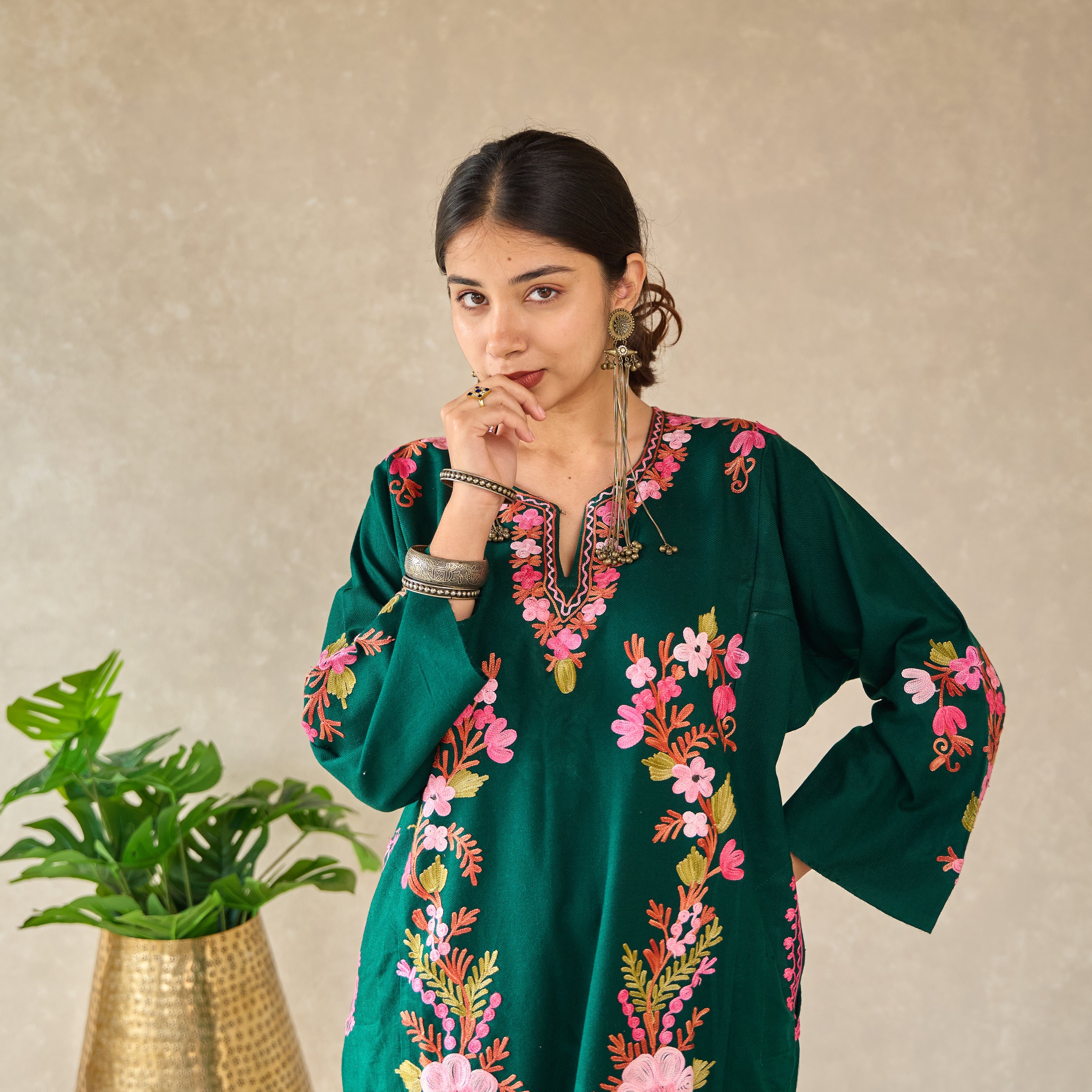 Green with Pink Floral Pheran