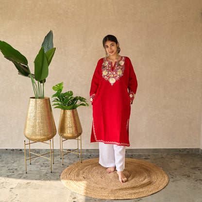 Red Floral Kashmiri Pheran