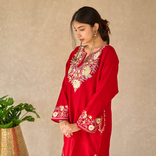 Red Floral Kashmiri Pheran