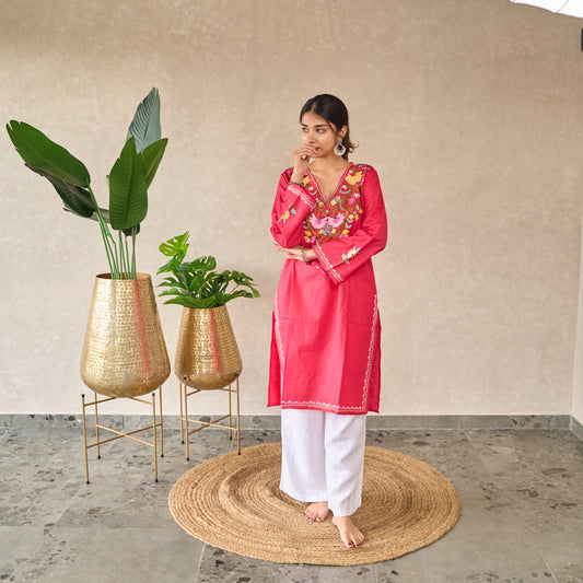 Pink Kashmiri Cotton Kurti