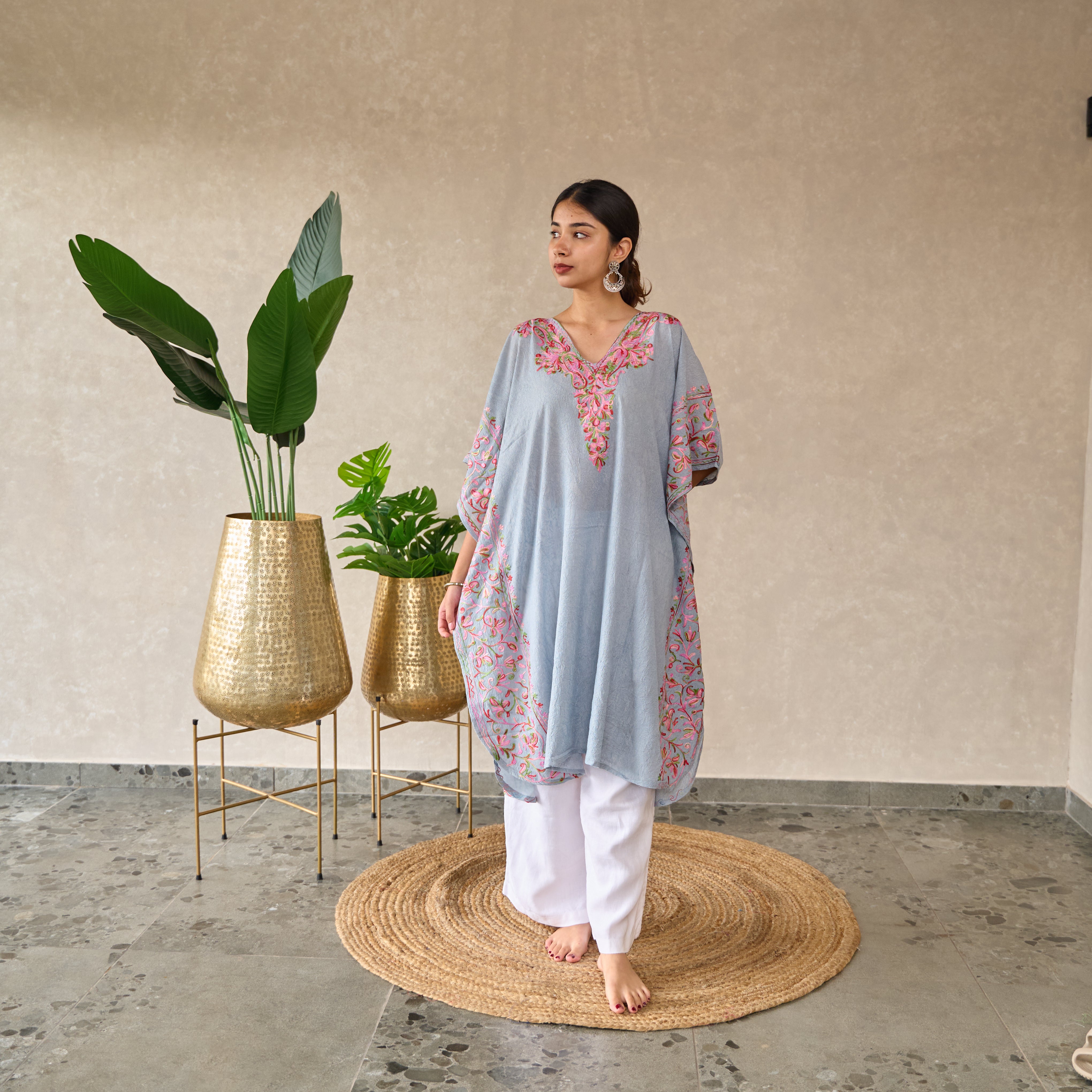 Grey Floral Mughal Cotton Kaftan