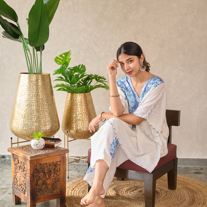 White and Blue Cotton Kaftan Set