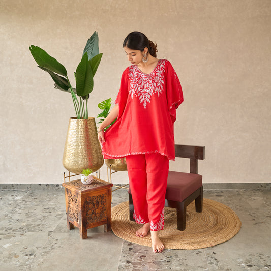 Red Zari Kashmiri Kaftan Set