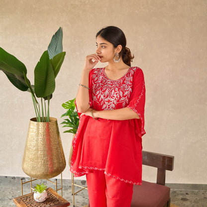 Red Zari Kashmiri Kaftan Set
