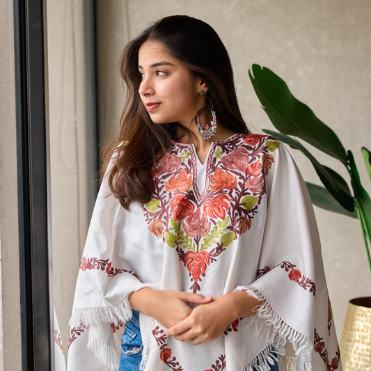 White Kashmiri Poncho