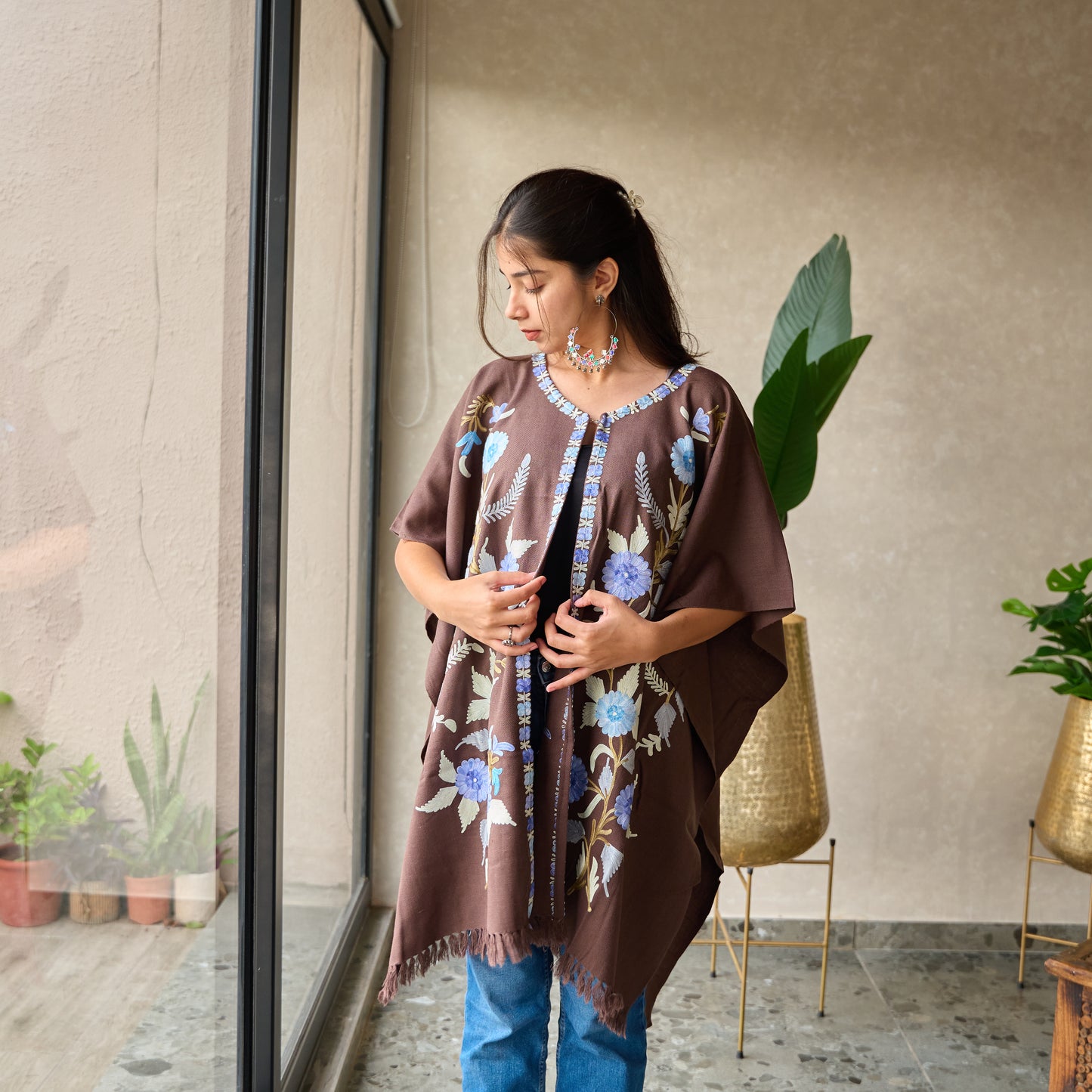 Brown Floral Kashmiri Cape Shawl