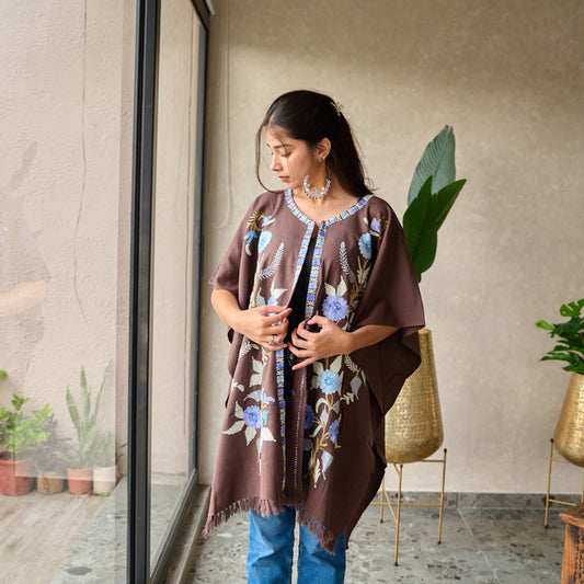 Brown Floral Kashmiri Cape Shawl