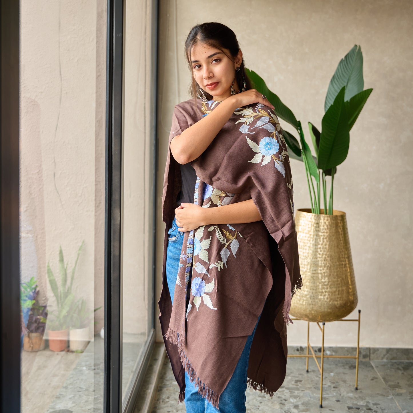Brown Floral Kashmiri Cape Shawl