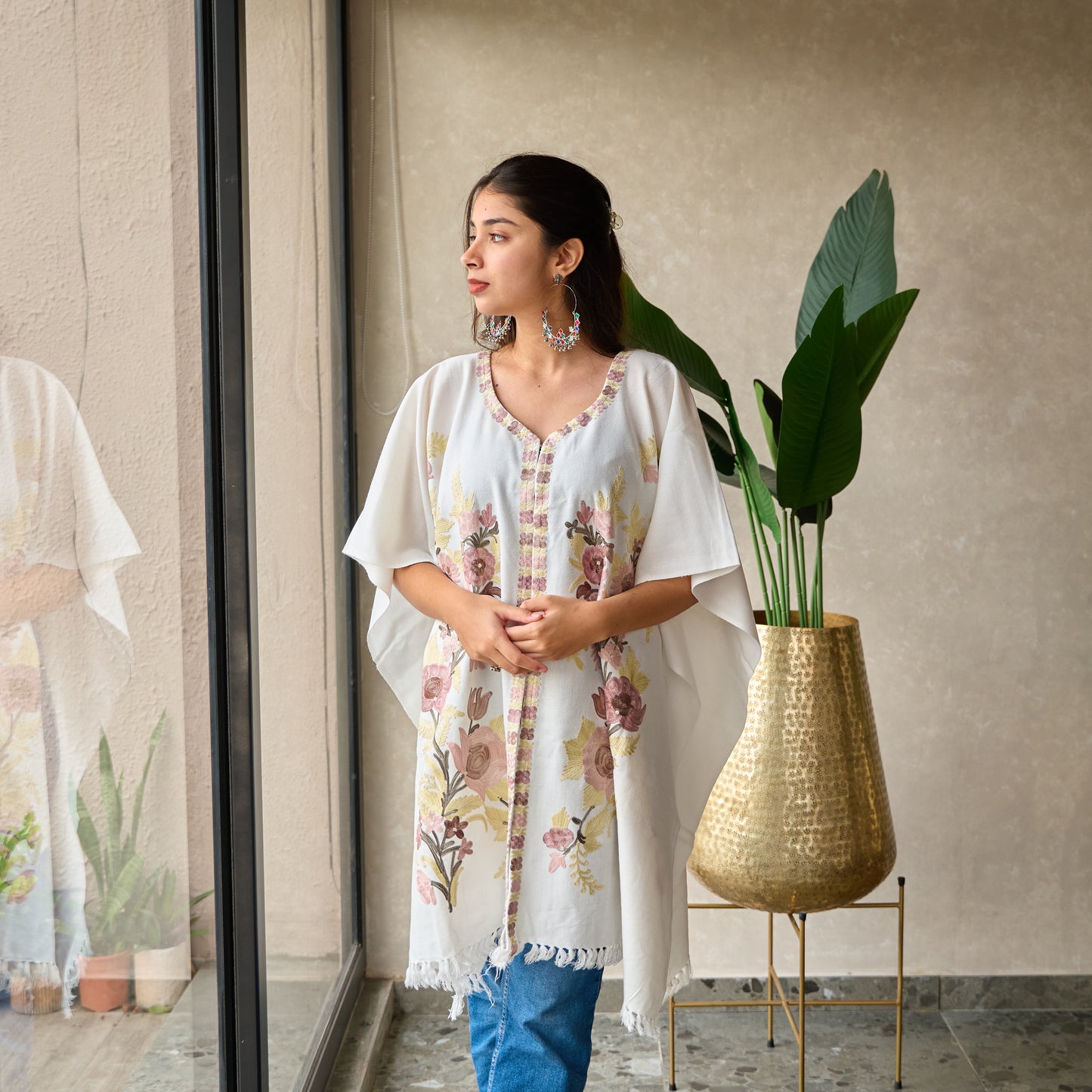 White Floral Kashmiri Cape Shawl