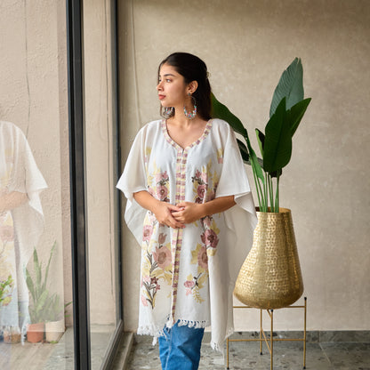 White Floral Kashmiri Cape Shawl