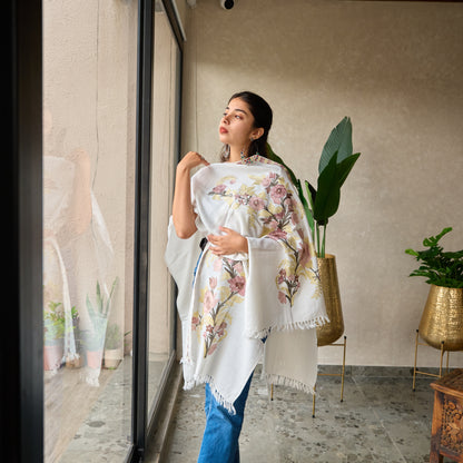 White Floral Kashmiri Cape Shawl