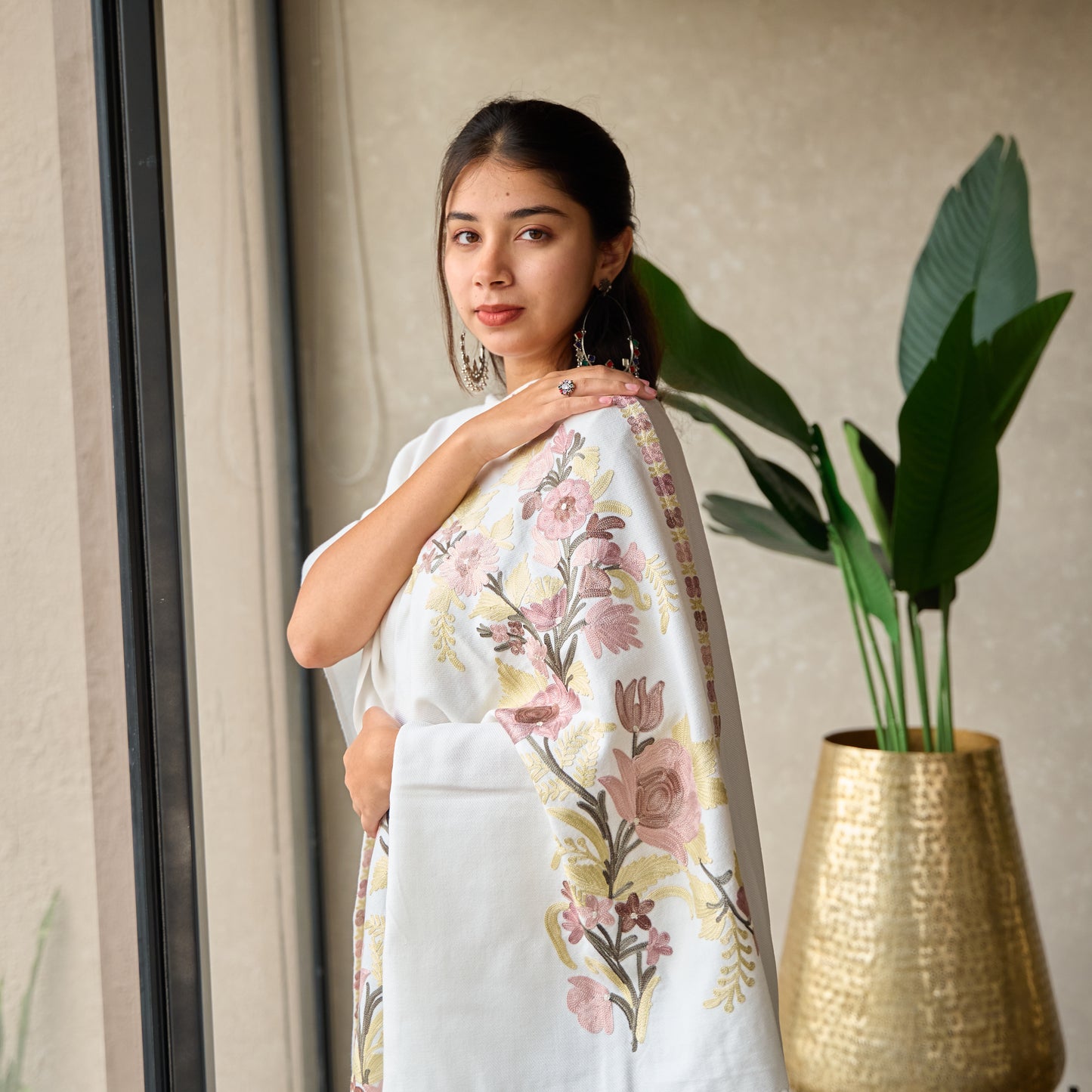 White Floral Kashmiri Cape Shawl