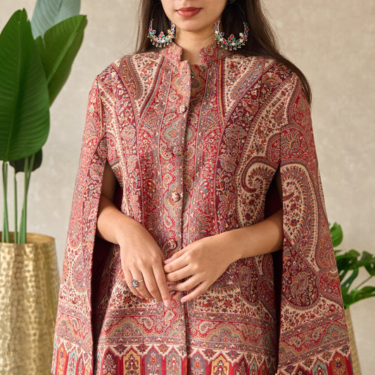 Maroon Paisley Kashmiri Kani Cape Jacket