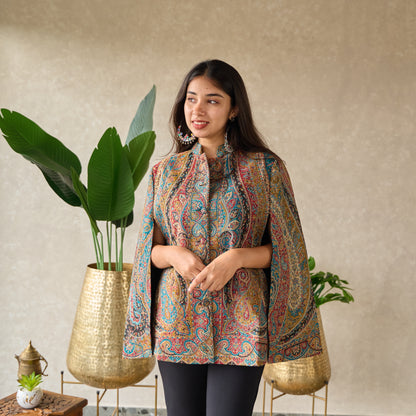 Blue Floral Kashmiri Kani Cape Jacket