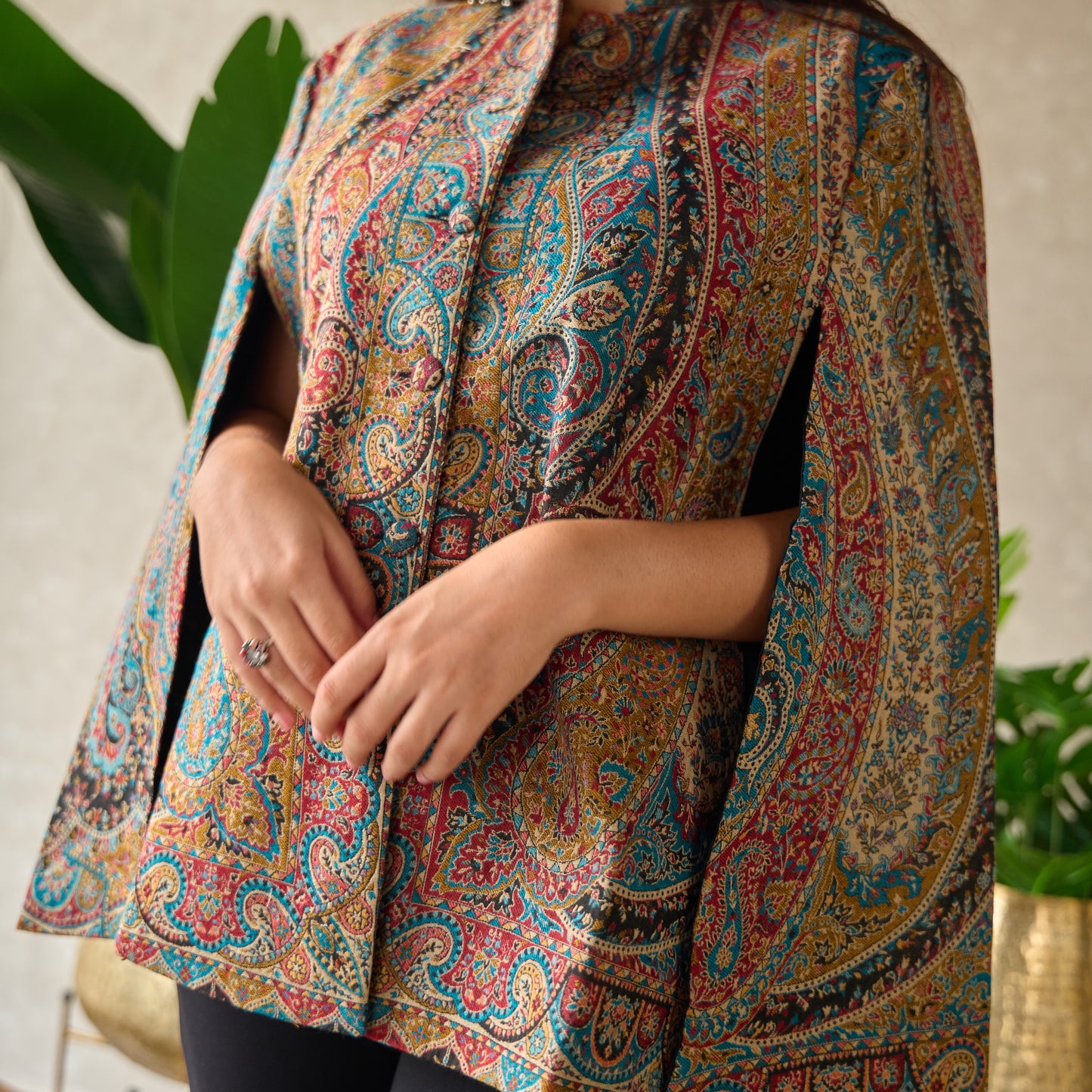 Blue Floral Kashmiri Kani Cape Jacket