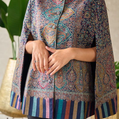 Blue Mughal Kashmiri Kani Cape Jacket