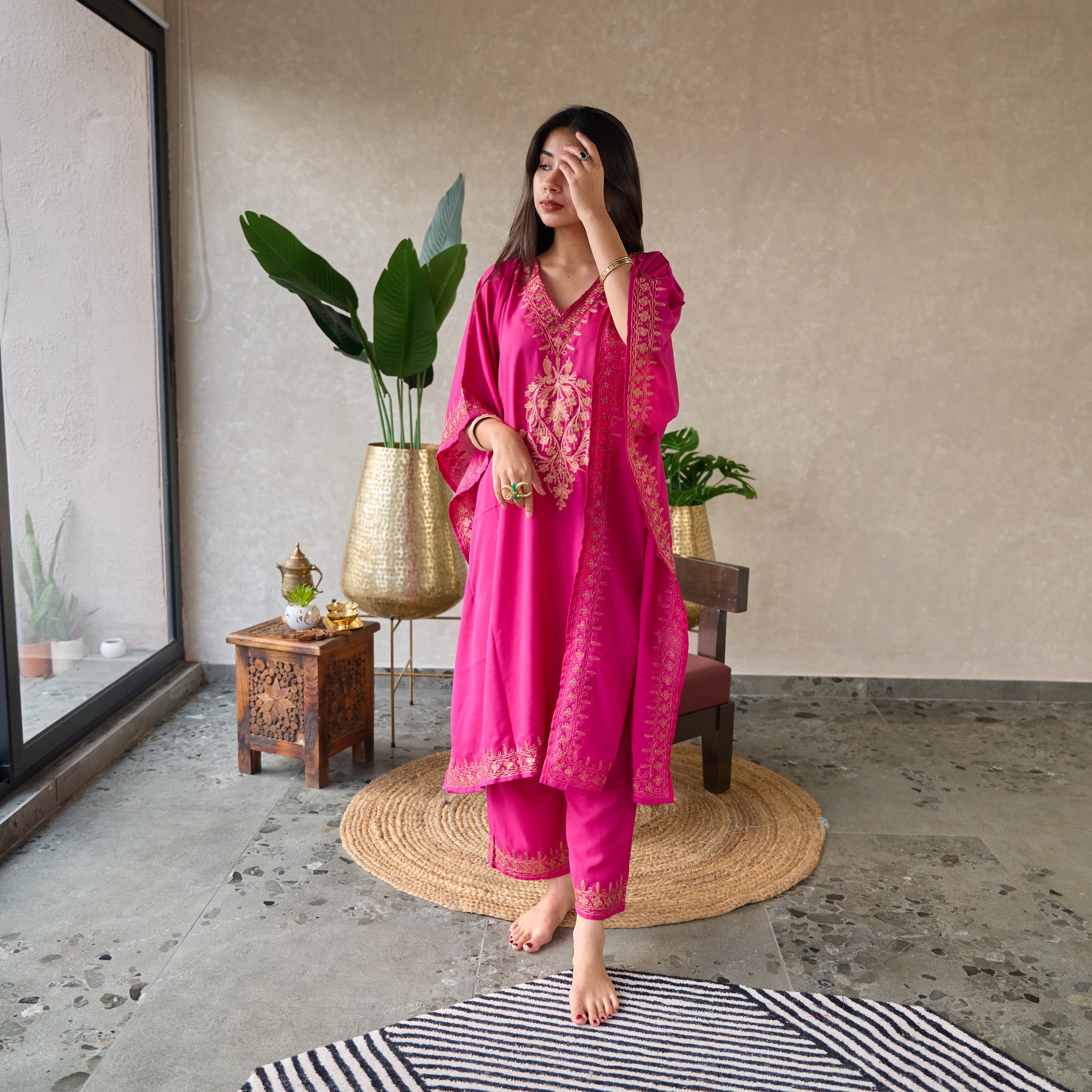 Magenta Mughal Zari Kaftan Set hover