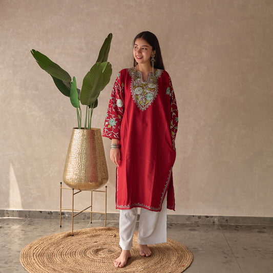 Red Floral Kashmiri Pheran