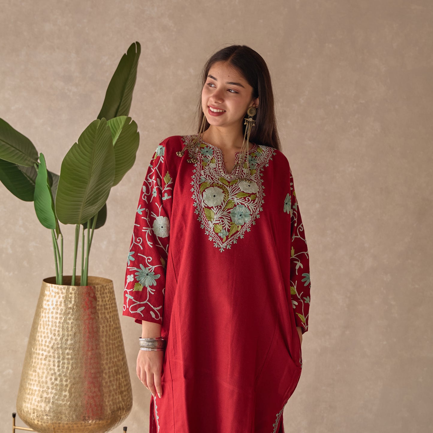 Red Floral Kashmiri Pheran