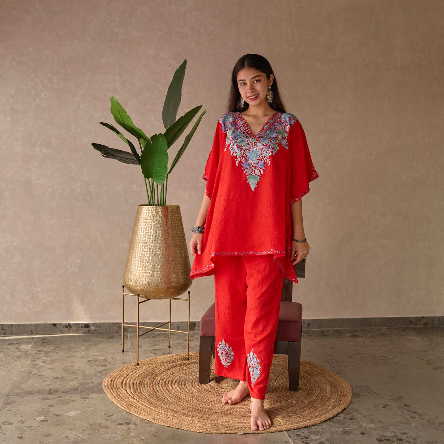 Red Short Cotton Kaftan Co-ord Set