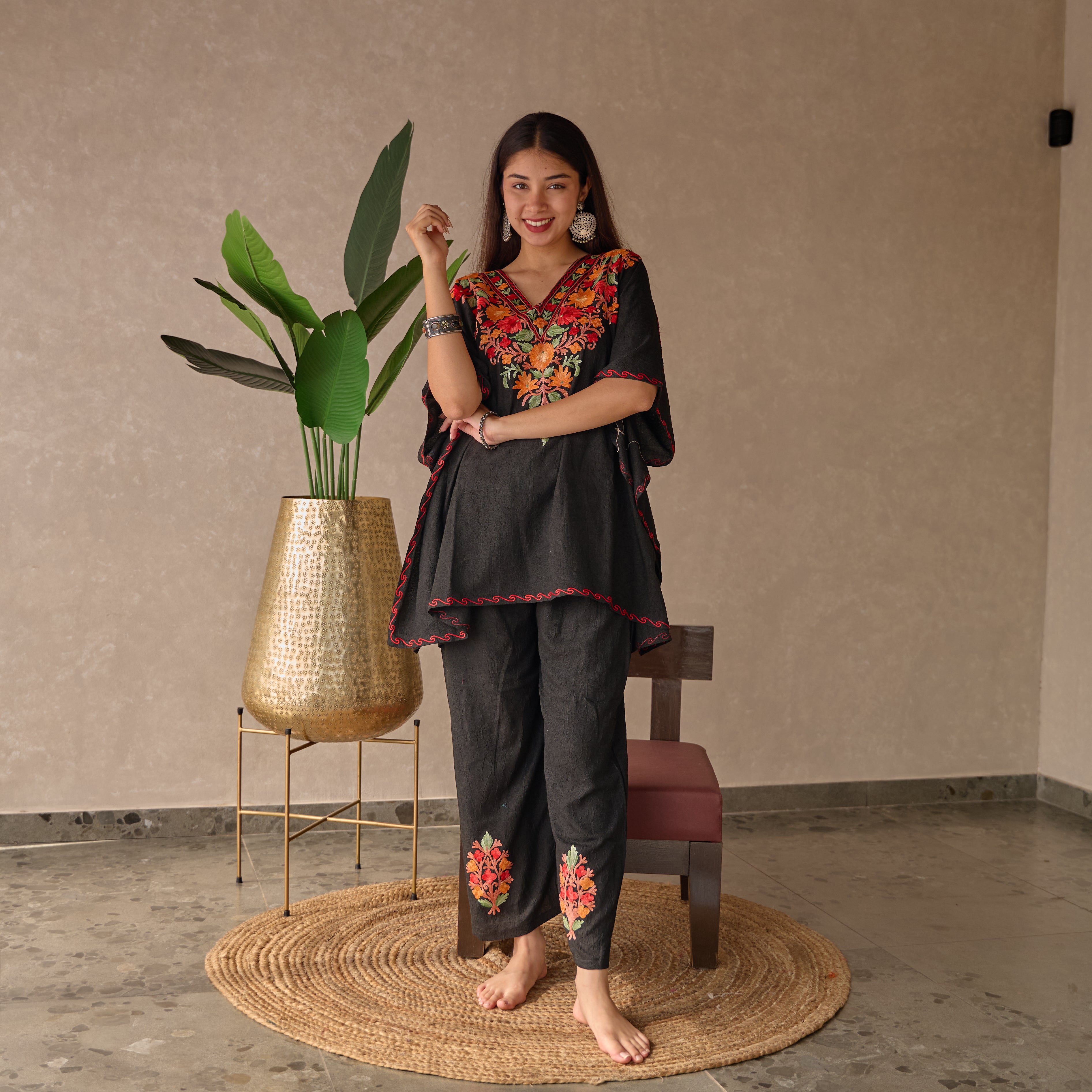 Black Short Cotton Kaftan Co-ord Set