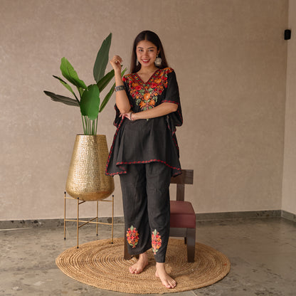 Black Short Cotton Kaftan Co-ord Set