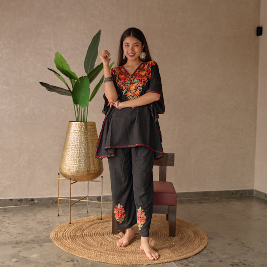 Black Short Cotton Kaftan Co-ord Set