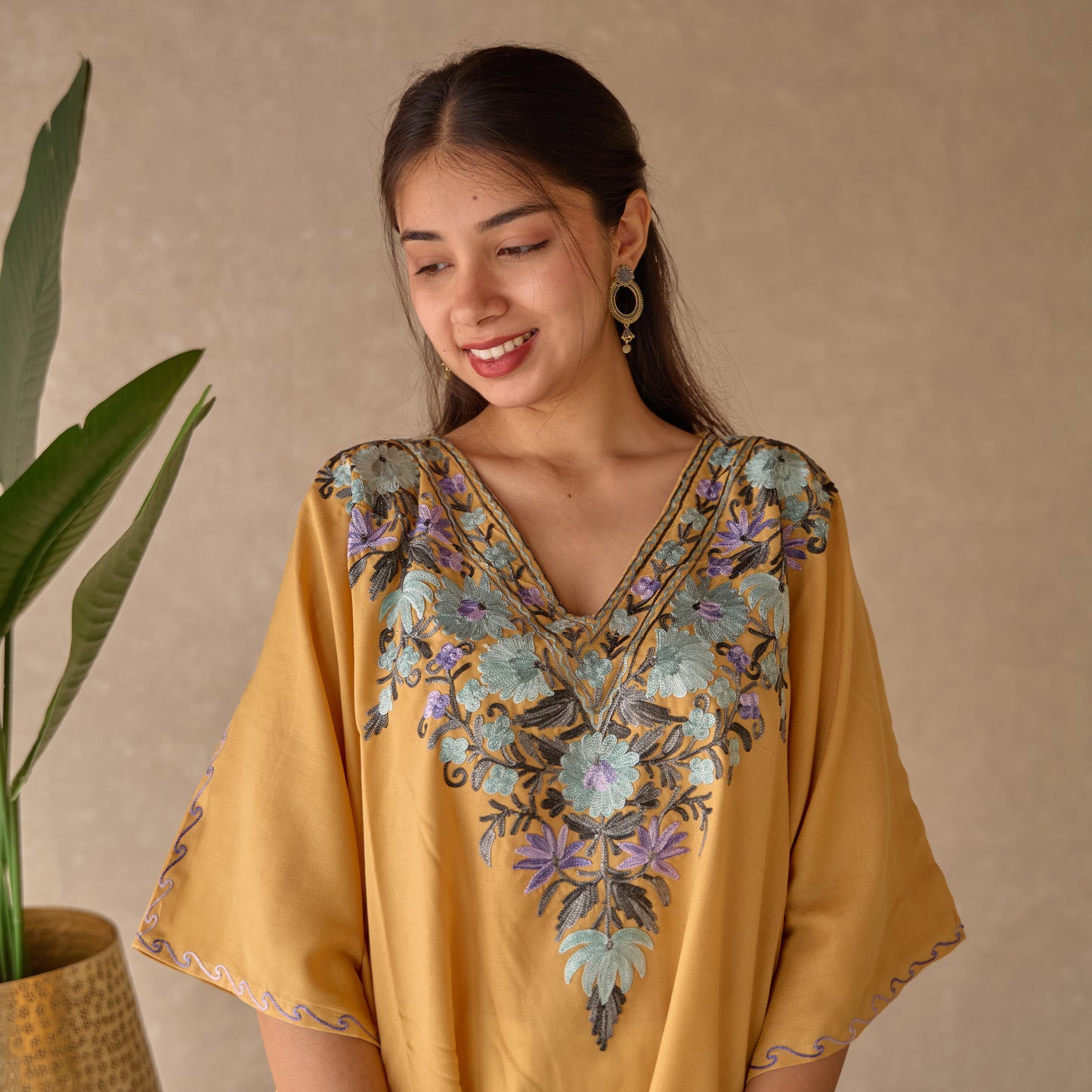 Beige and Blue Kashmiri Cotton Kaftan Top