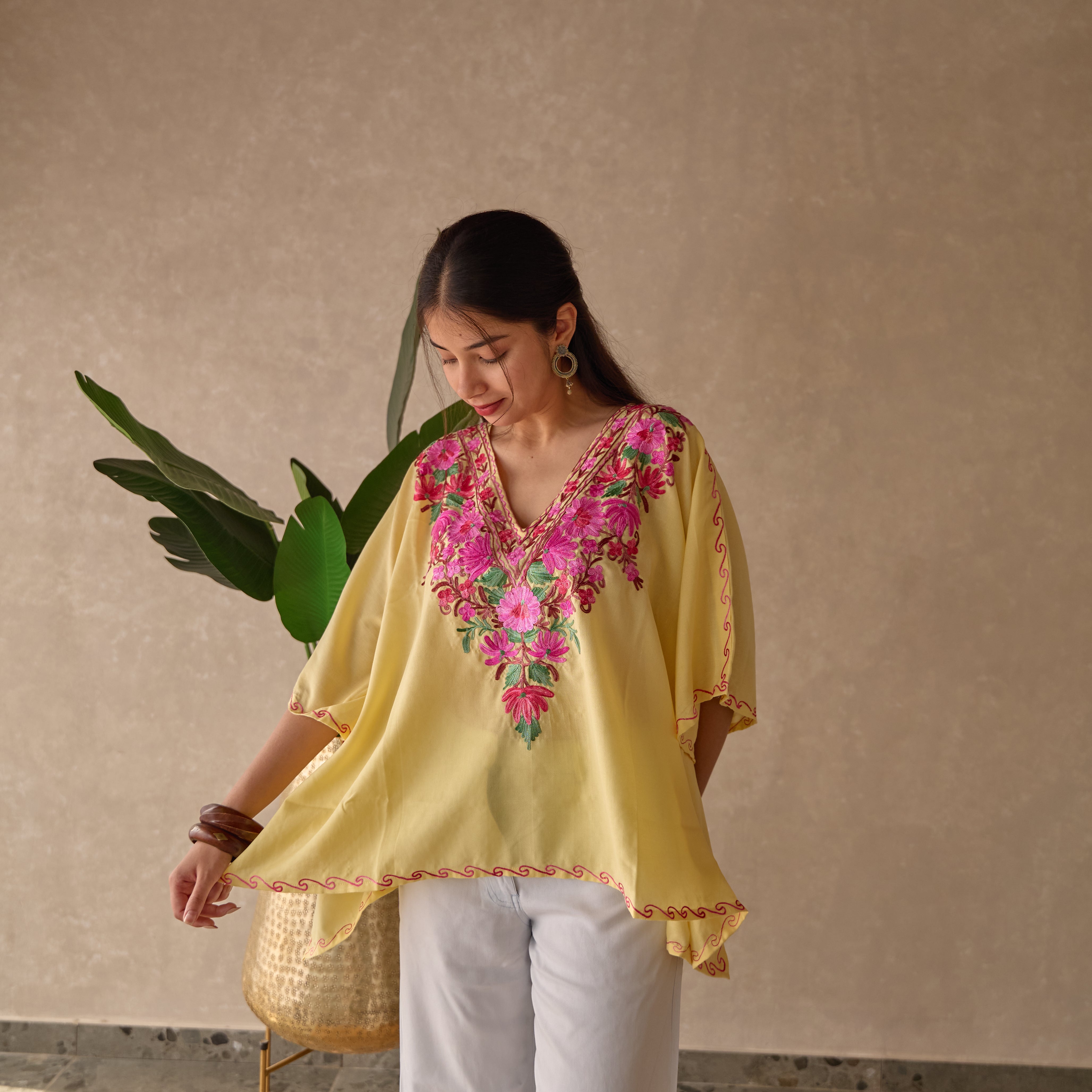Yellow Floral Kashmiri Cotton Kaftan Top