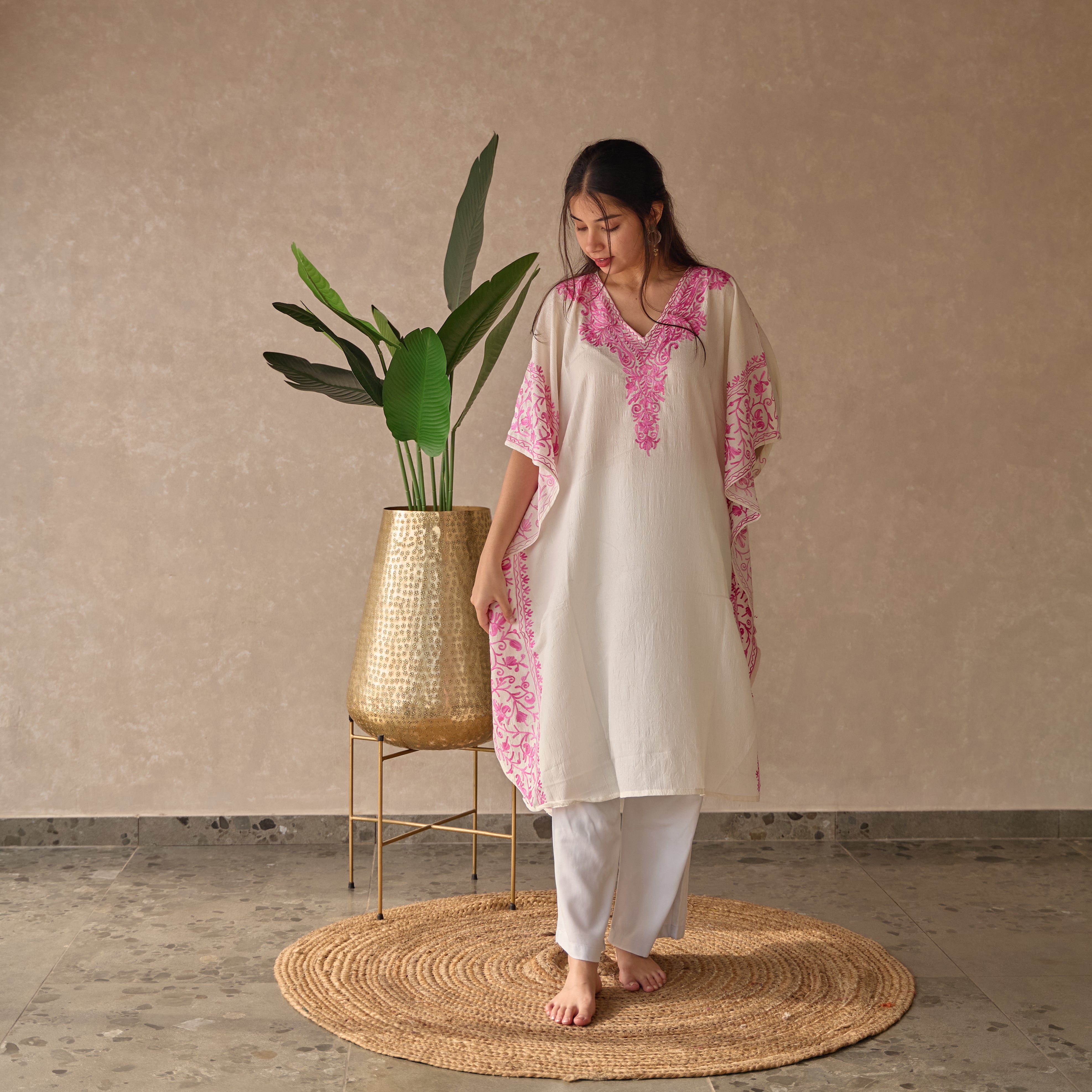 White with Pink Jhal Kashmiri Kaftan