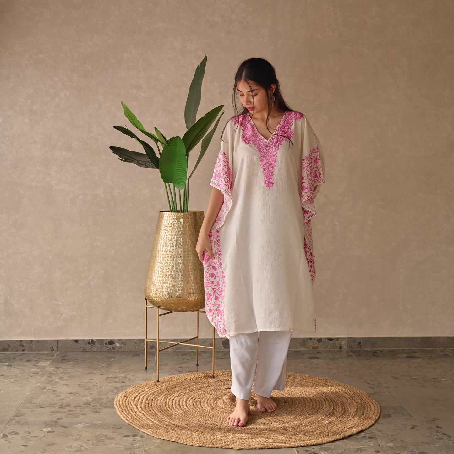White with Pink Jhal Kashmiri Kaftan