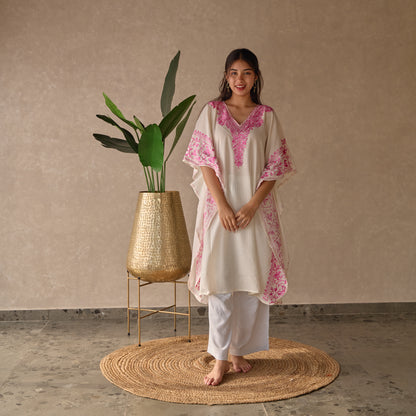 White with Pink Jhal Kashmiri Kaftan