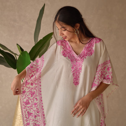 White with Pink Jhal Kashmiri Kaftan