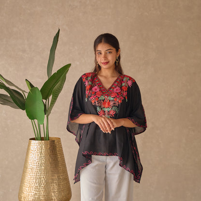 Black Floral Cotton Kaftan Top