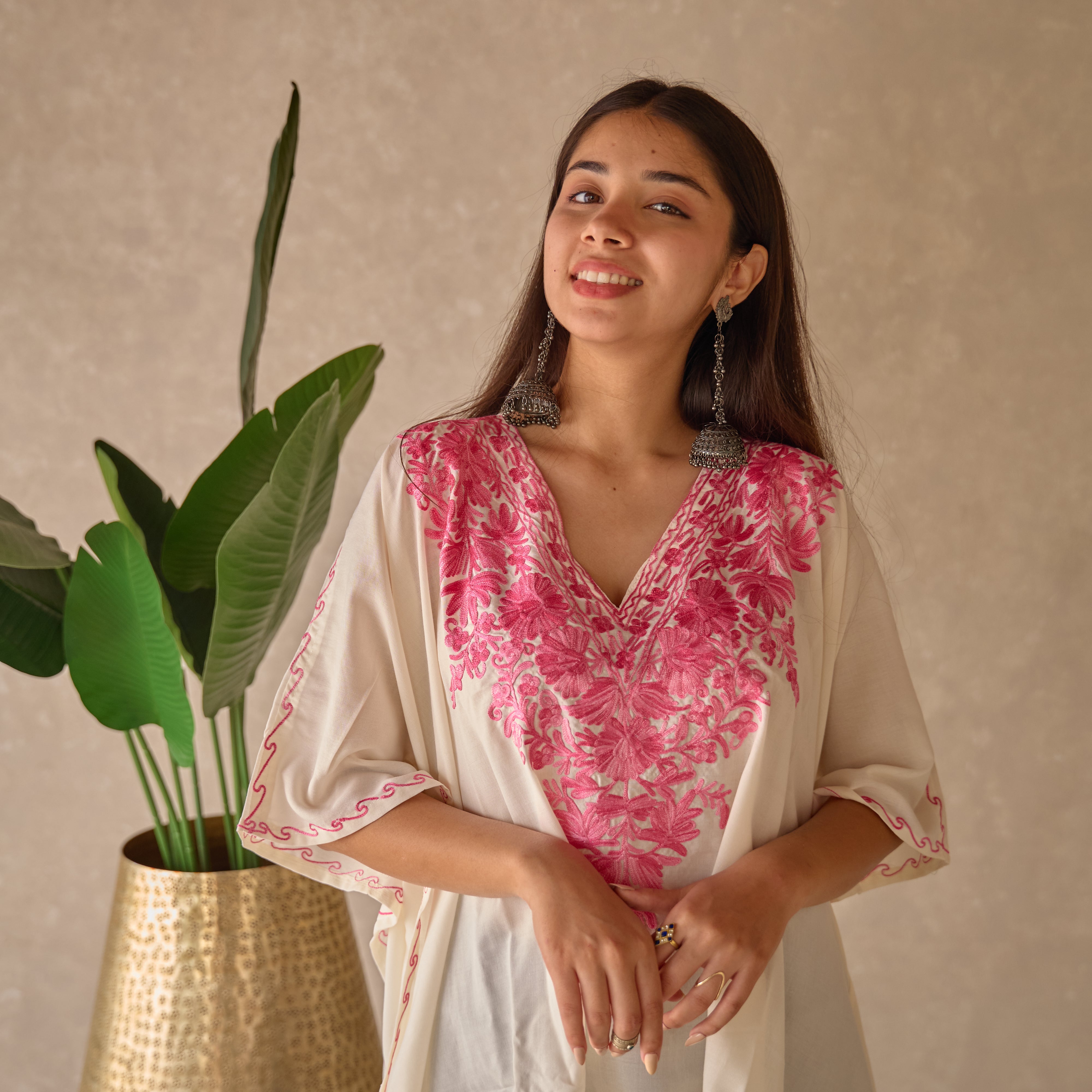 White and Pink Kashmiri Cotton Kaftan Top