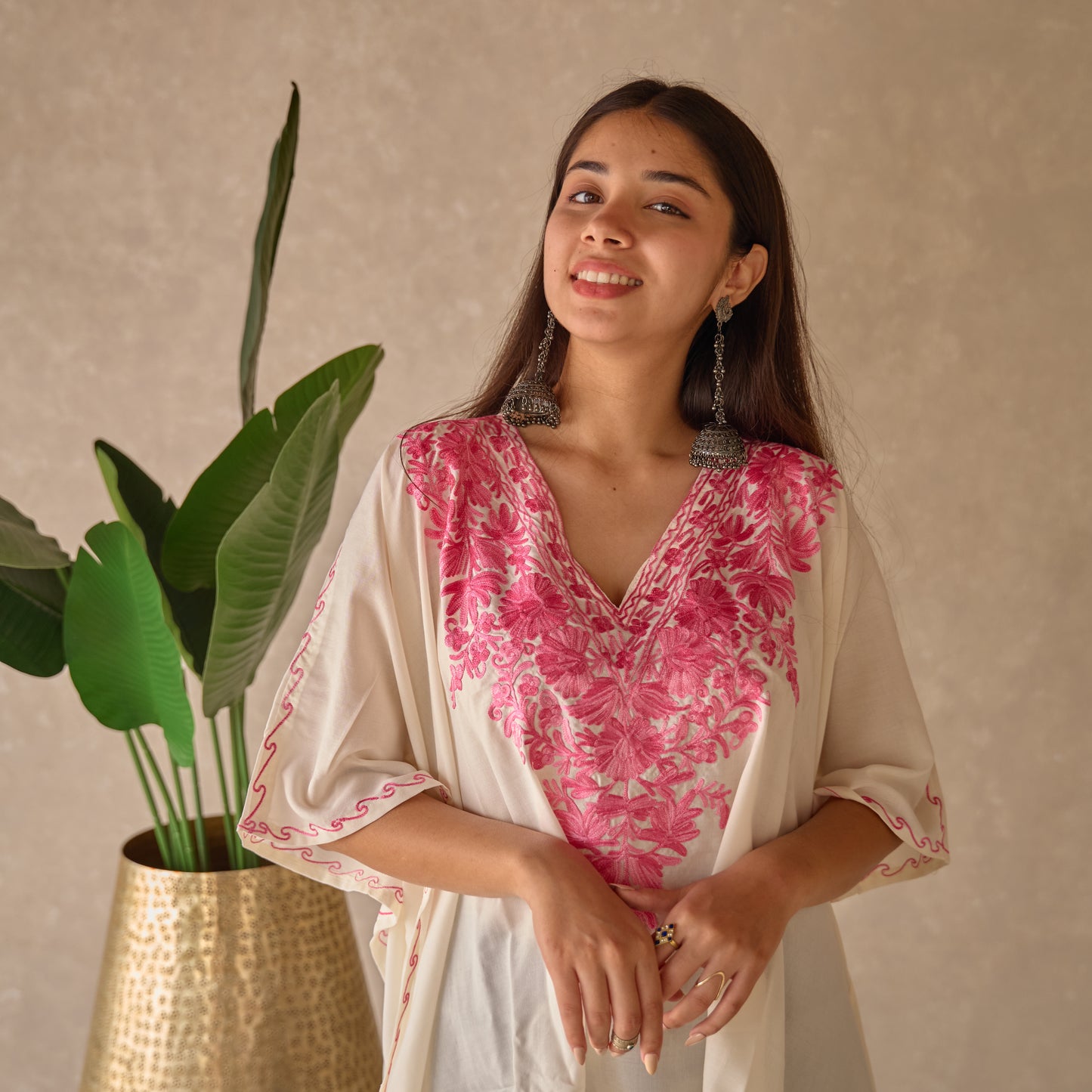 White and Pink Kashmiri Cotton Kaftan Top