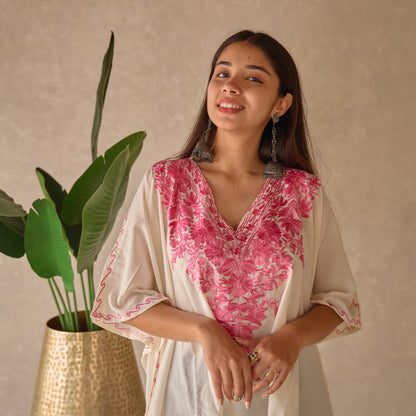 White and Pink Kashmiri Cotton Kaftan Top