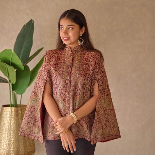 Maroon Full Weaved Zari Kashmiri Cape Jacket