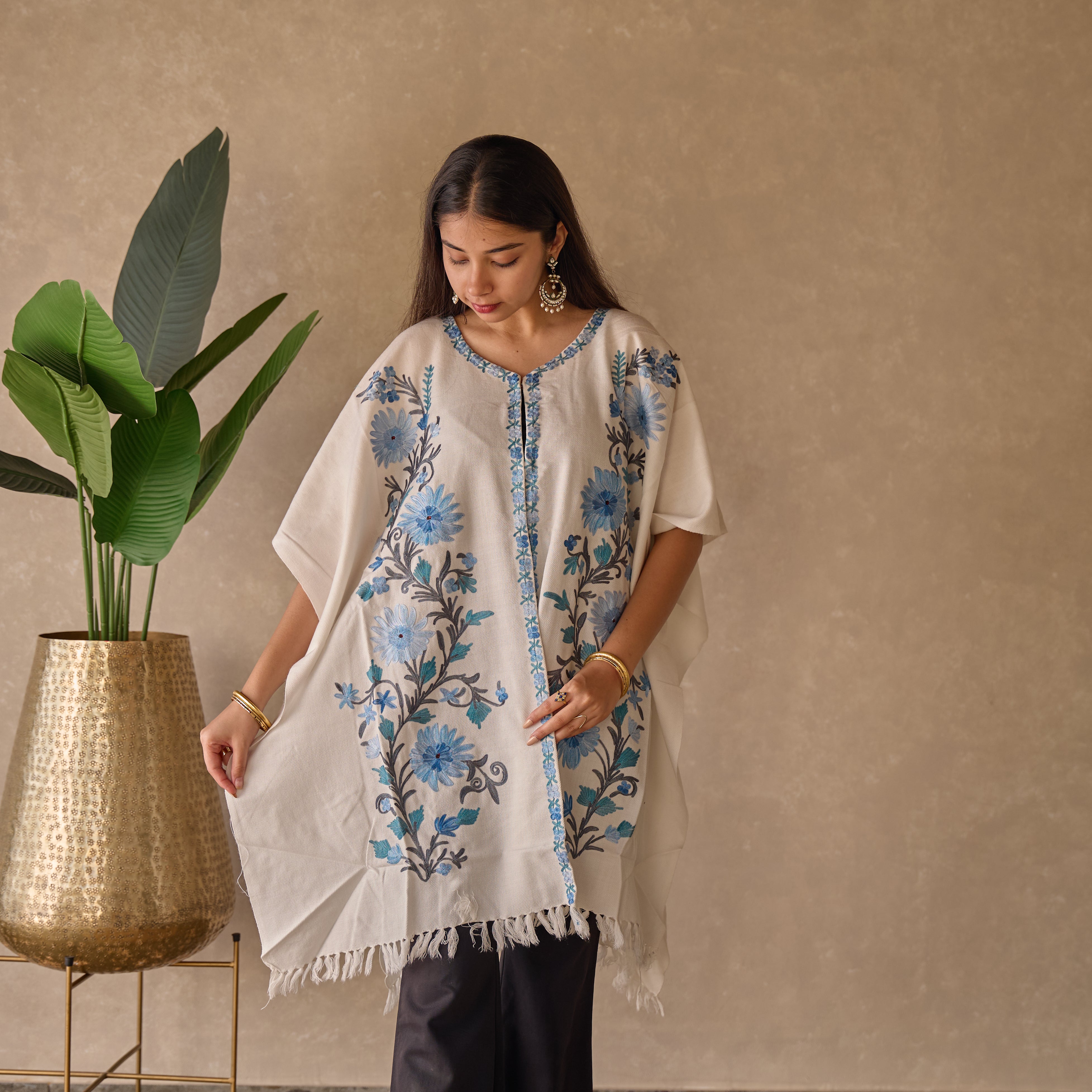 White with Blue Floral Cape Shawl