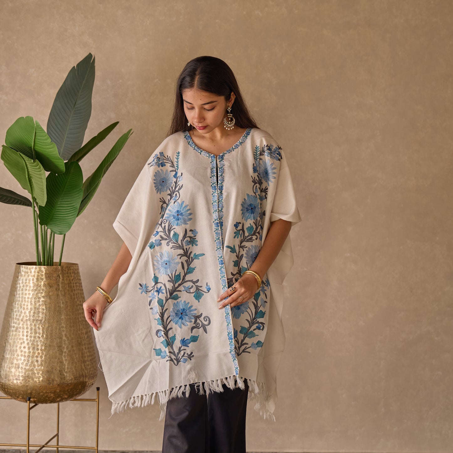 White with Blue Floral Cape Shawl