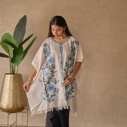 White with Blue Floral Cape Shawl