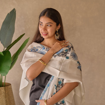 White with Blue Floral Cape Shawl