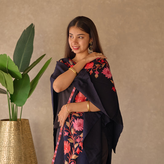 Black Floral Kashmiri Cape Shawl