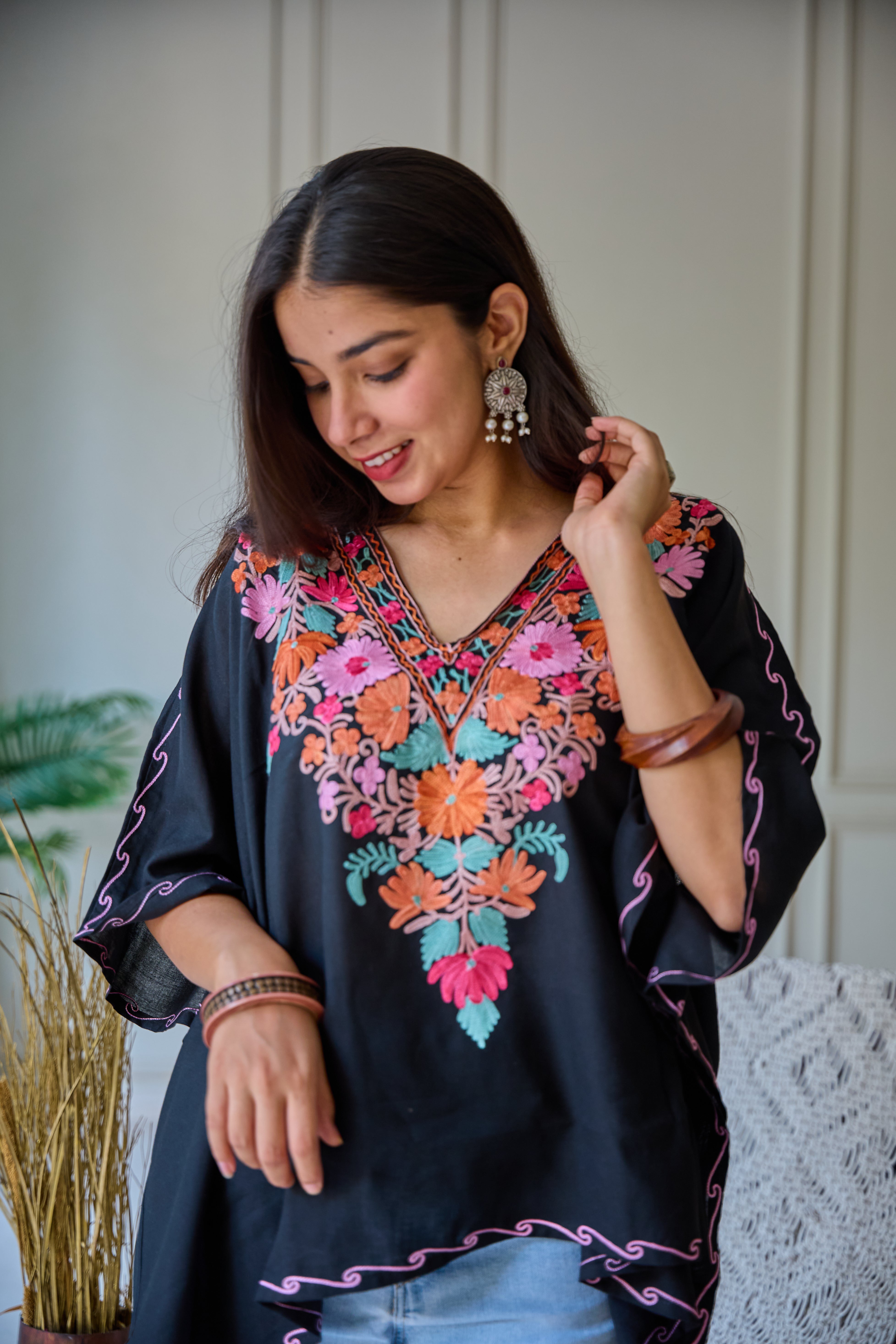 Black with Pink Orange Kashmiri Cotton Top