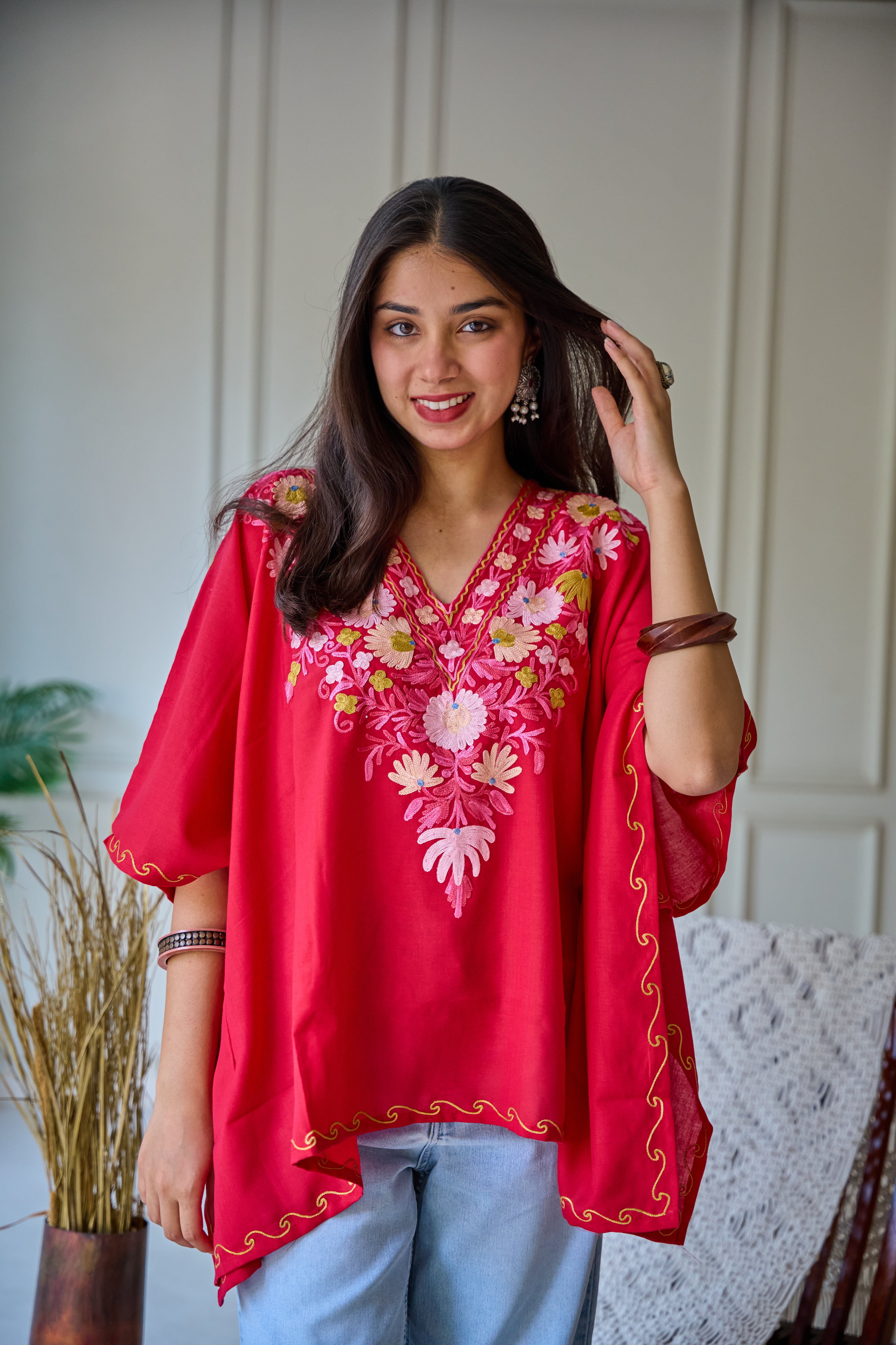 Red Floral Kashmiri Kaftan Top