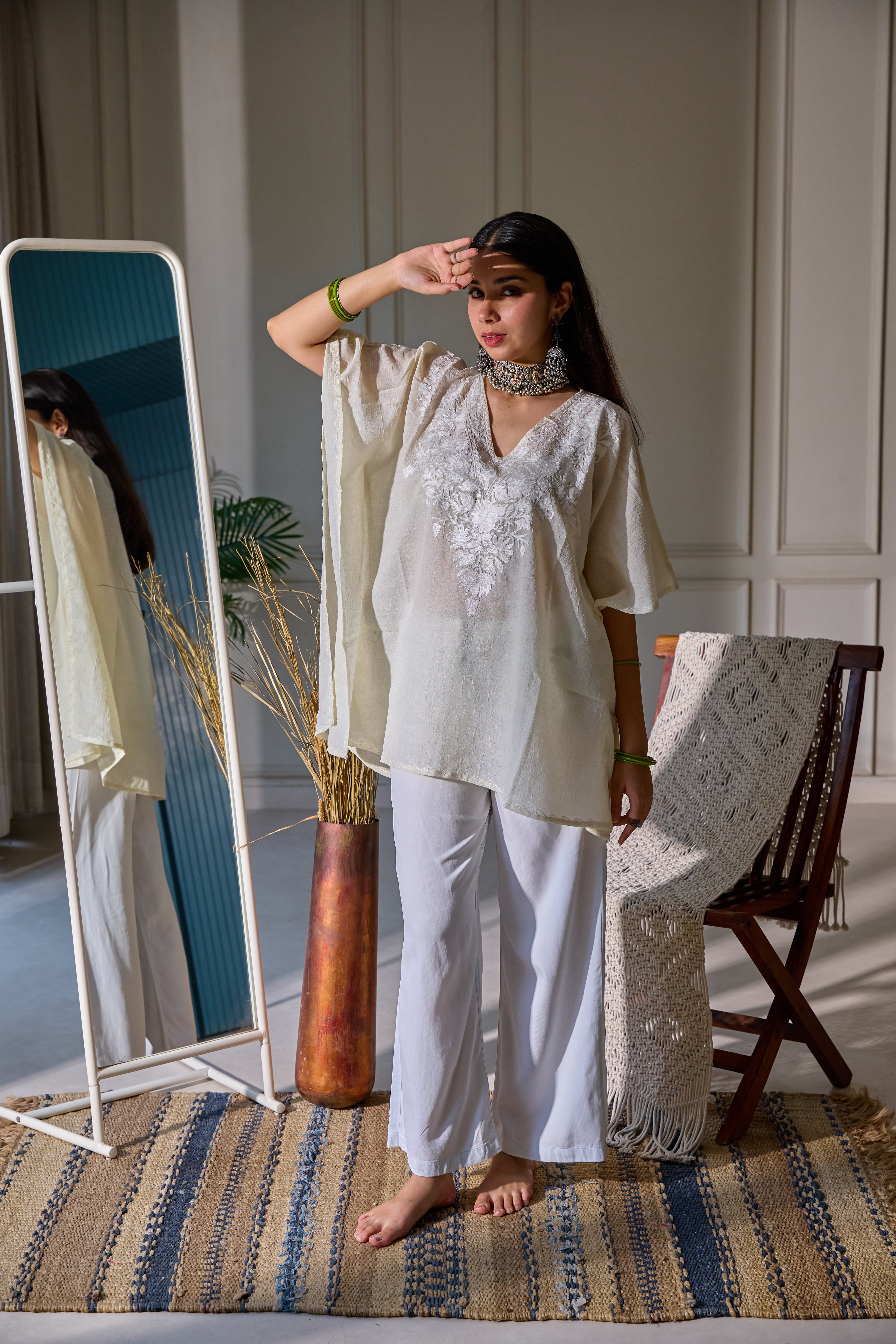 Off White Crush Cotton Kashmiri Kaftan Top