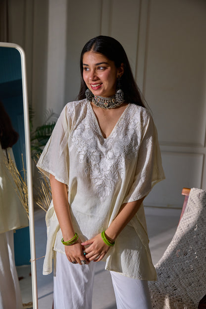 Off White Crush Kashmiri Cotton Kaftan Top