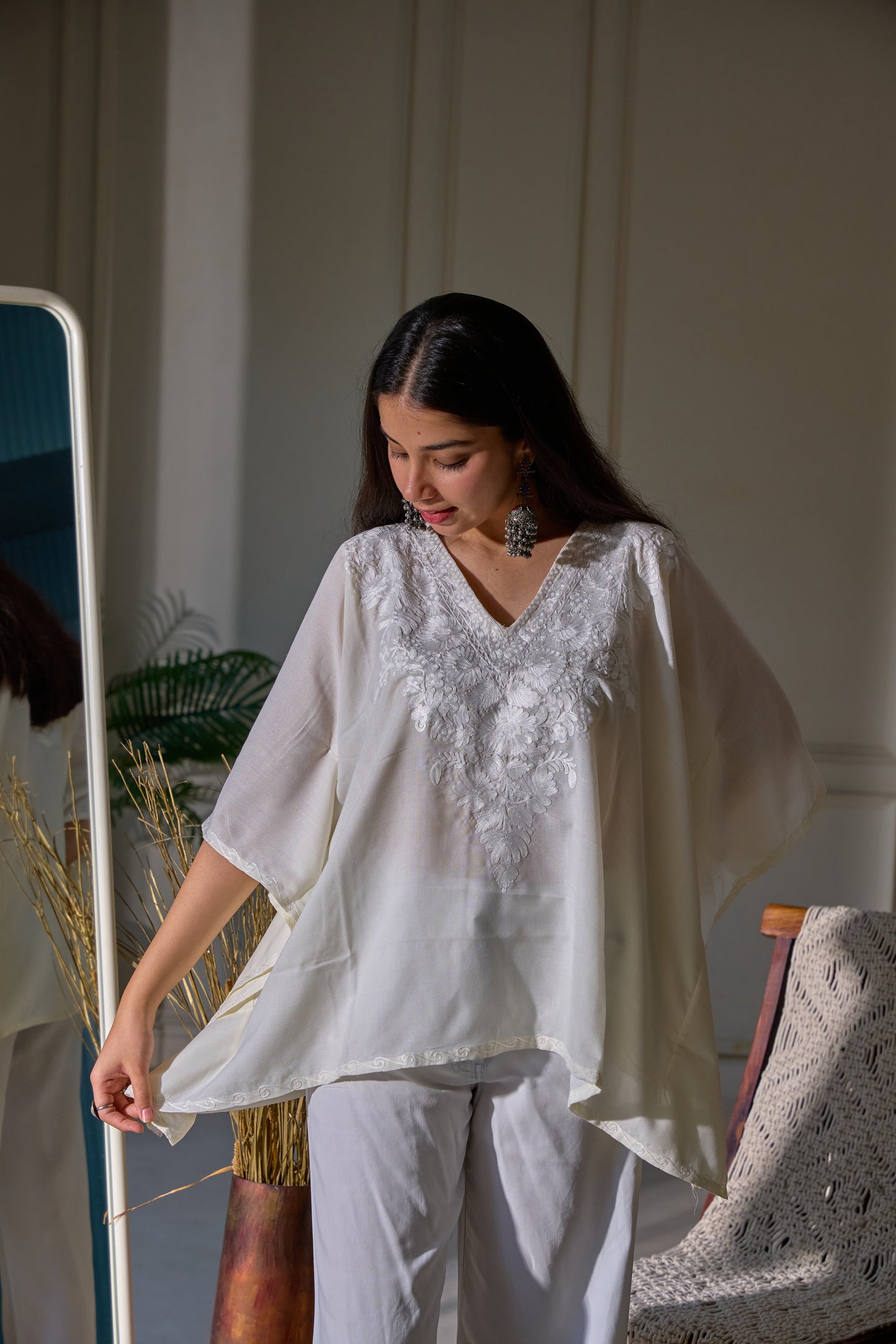 Off White Kashmiri Cotton Kaftan Top