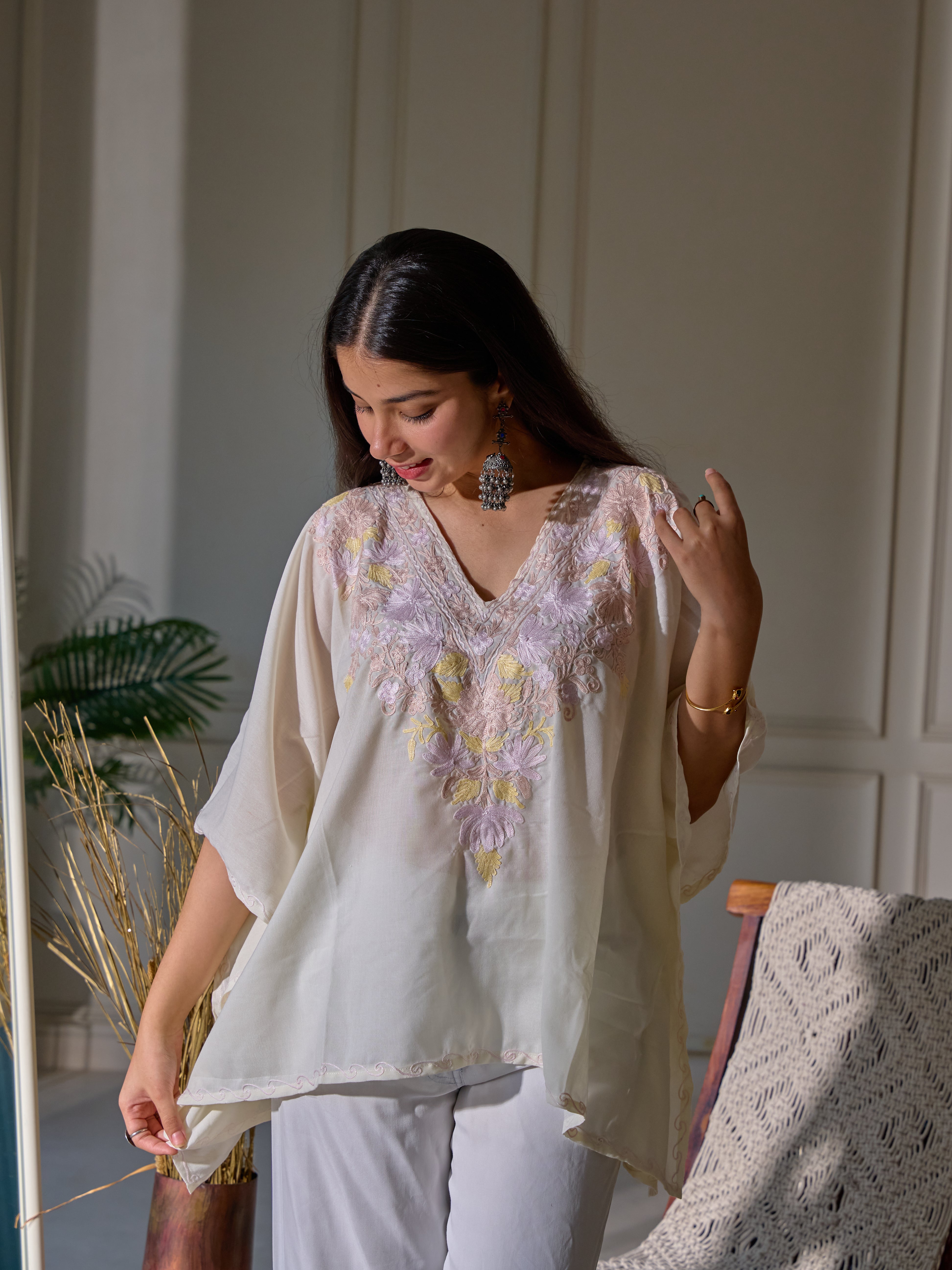 Pastel White Kashmiri Cotton Kaftan Top