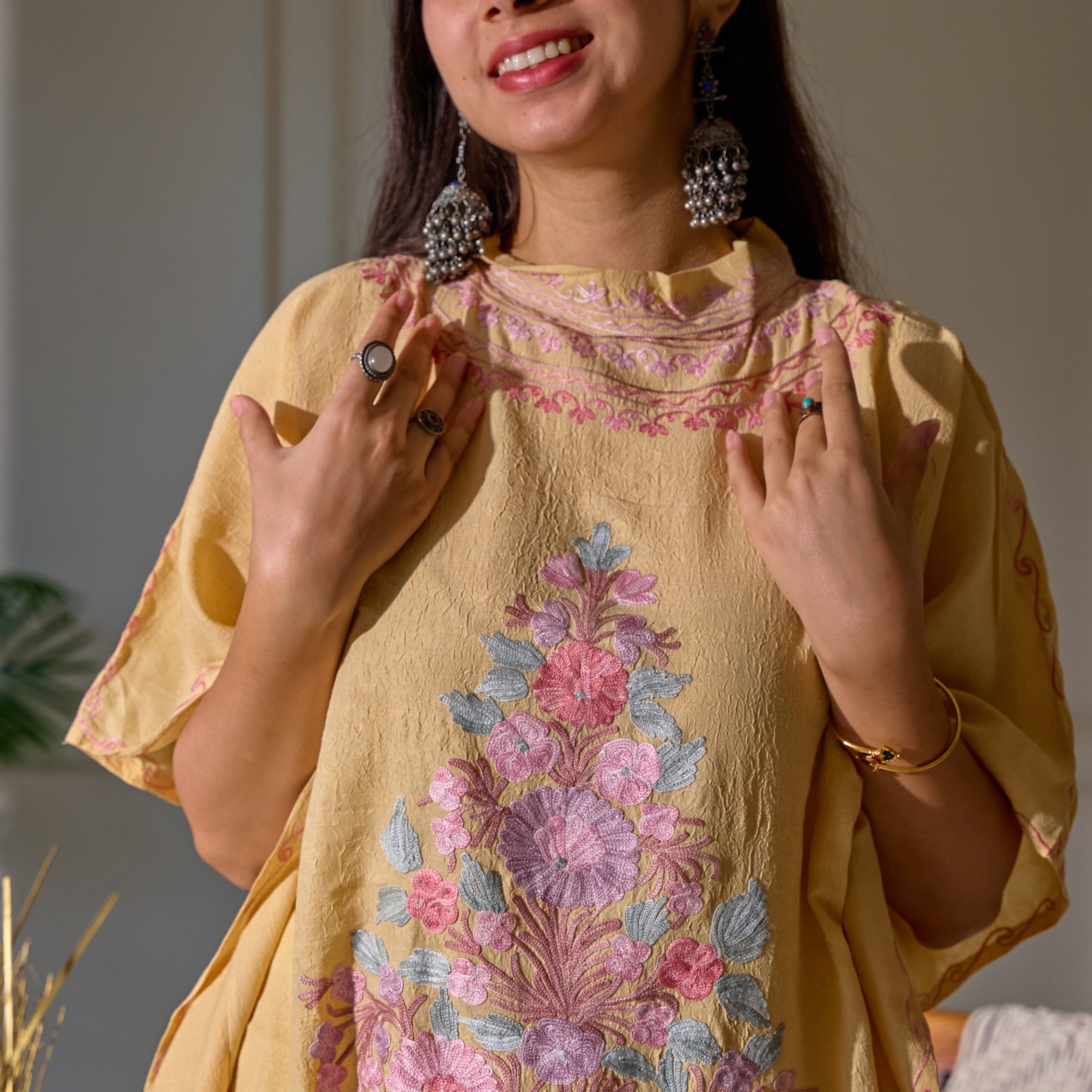 Beige Collar Kashmiri Kaftan Top